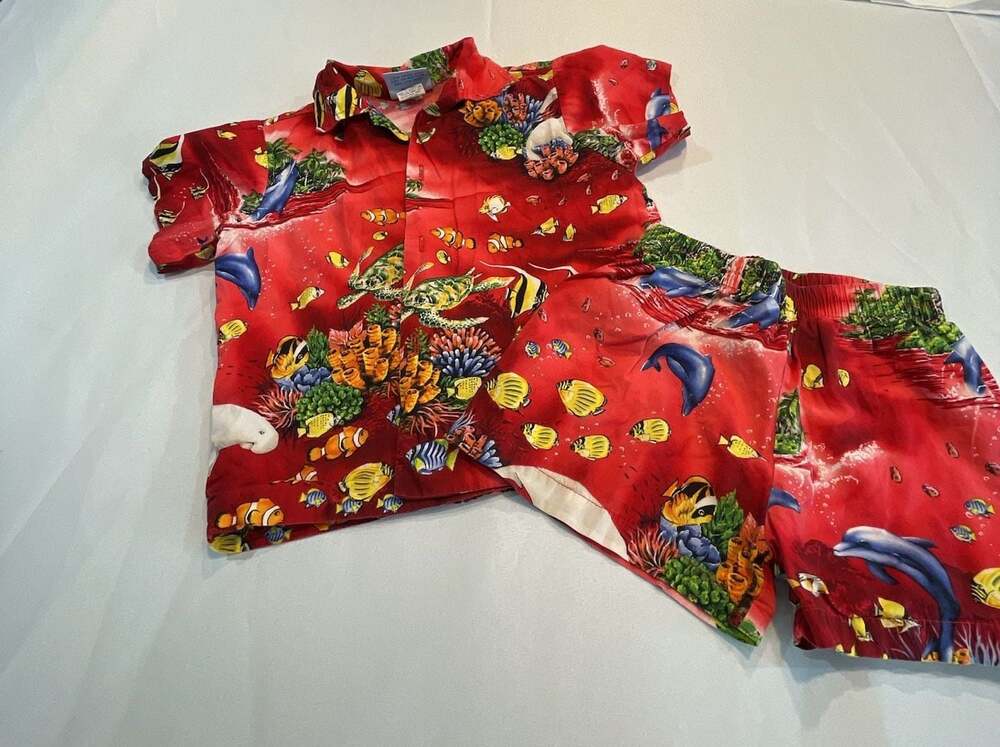 Vintage RJC Kids Hawaiian Aloha Shirt & Shorts Set Size 4T Ocean Sea Life Print